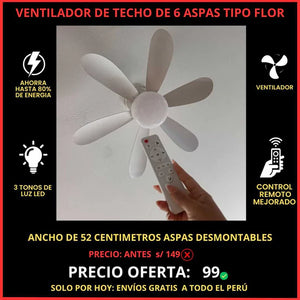 Ventilador de 6 Aspas con Foco Led + Control Remoto