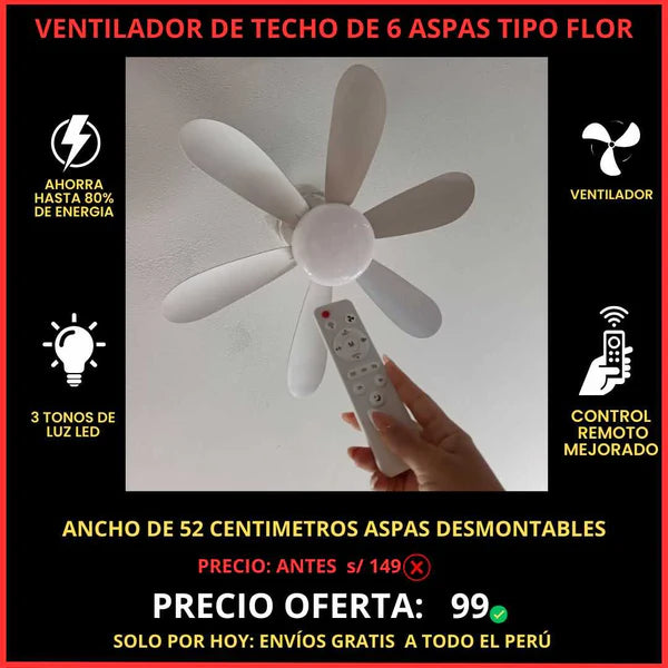 Ventilador de 6 Aspas con Foco Led + Control Remoto